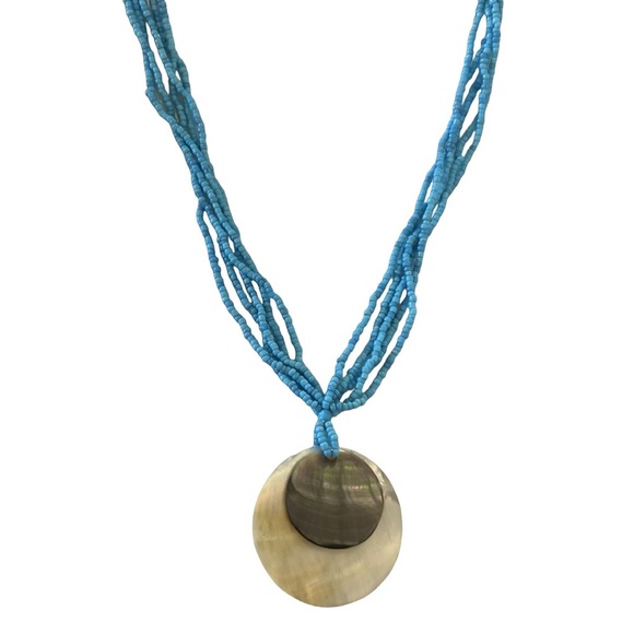 Blue Beaded Shell Pendant Necklace - Picture 1 of 7